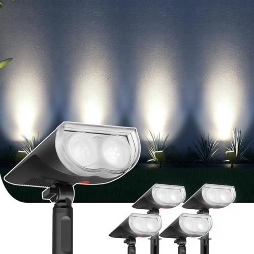 Linkind StarRayS Luzes solares LED para exterior e jardim, 6500 K branco frio holofote solar LED, 350 Lm lâmpada exterior com 2 modos IP67 impermeável para jardim, pátio, calçada, piscina, 4 peças