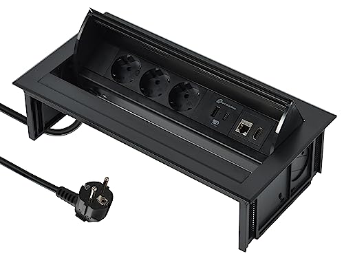 Electraline 62577 Extensão de base múltipla retrátil para secretária/mesa embutida com 3 tomadas Schuko 2 USB 3.1A tipo C 15,5 W, 1 tomada HDMIm, cabo 2 M, preto, horizontal RJ45 HDMI