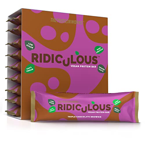 THE PROTEIN WORKS Barrinha Proteína Vegana Ridiculous 100% A base de plantas, sem óleo de palma, 15 g de proteína e baixa em açúcar, Triple Chocolate Brownie, caixa de 9