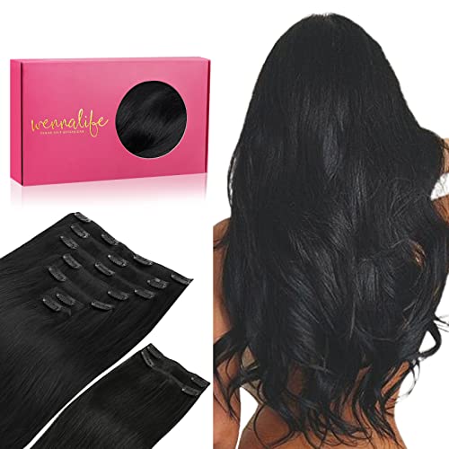 WENNALIFE Extensões de grampo de cabelo natural, preto azabache 150 g 45 cm 9 peças extensões de cabelo natural Remy cabelo humano extensões de cabelo natural clipe duplo Weft extensões de clipe