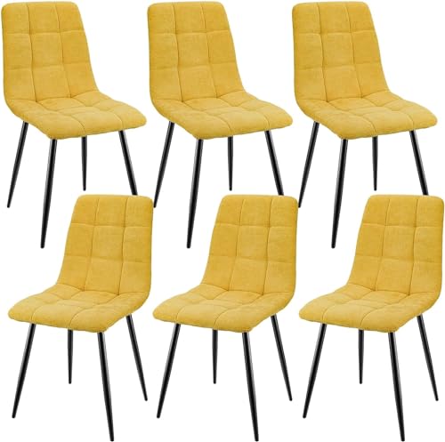 JIJIAN Pacote de 6 cadeiras de sala de jantar, cadeiras estofada com tecido de linho e pernas de metal preto, design quadriculado, cadeiras de sala de jantar para sala de jantar sala de estar quarto