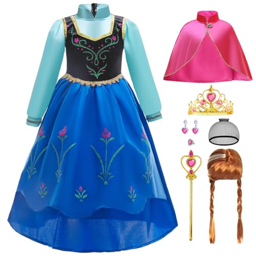 ZaisuiFun Traje de princesa Anna meninas vestido de manga comprida com capa e peruca para festa de aniversário carnaval