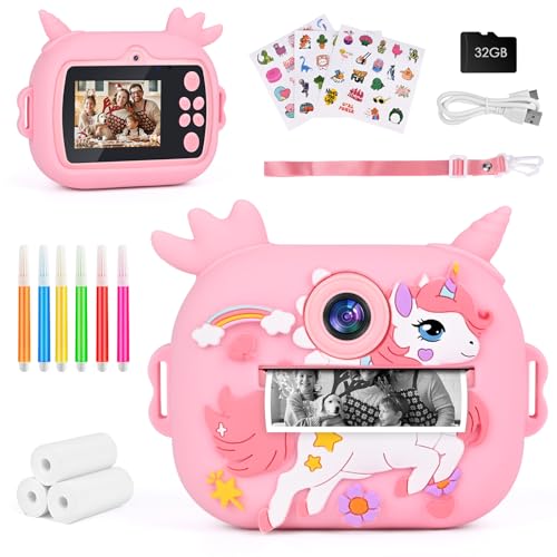 Câmara com fotos infantis instantâneas, Ambesty câmara com fotos infantis, 2,4" HD câmara instantânea com cartão 32 GB e papel de impressão, 1080P HD câmara de vídeo, presentes para meninos e meninas