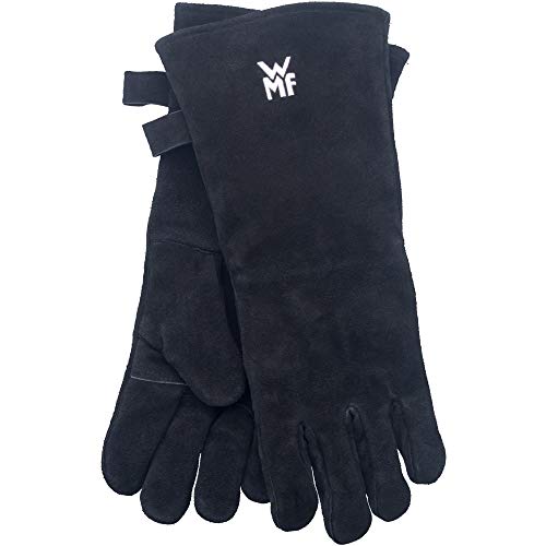 WMF BBQ - Grill Gloves, par de luvas para churrasco, couro preto, luvas resistentes ao calor, luvas para forno extra longo, tamanho prático (40 cm)