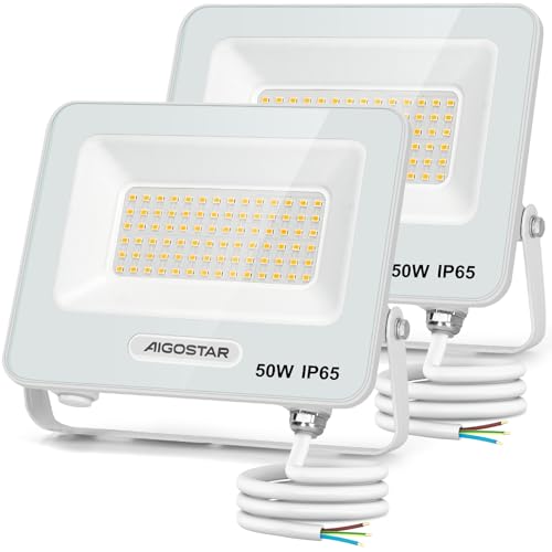 Aigostar Foco LED exterior 50 w, 4500 LM projetor de lâmpada LED, IP65 luz de segurança impermeável, natural 4000 K luzes led exterior, para jardim, pátio, garagem, embalagem de 2