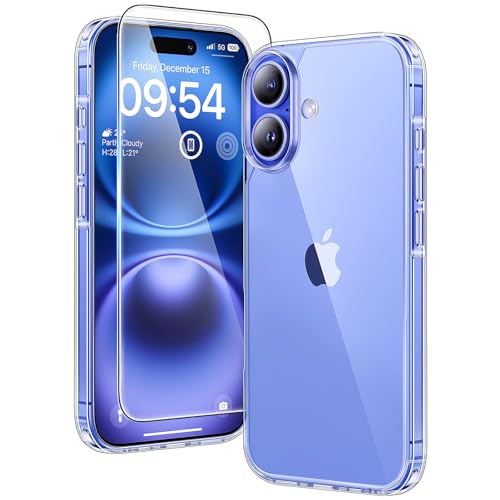 TAURI 3 em 1 para capa iPhone 16, com protetor de ecrã 2X HD, [não amarela] [proteção de grau 15 FT] capa de telemóvel à prova de choques para iPhone de 16 de 6,1 polegadas, transparente