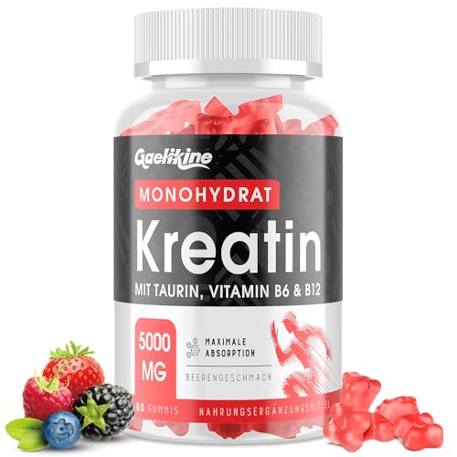 Gominolas de creatina monohidratada 5000 mg, potência máxima com L-taurina, B12 e B6, potenciador de pré-treino fácil, mais prático que o pó, sabor a bagas, vegano, 60 unidades (embalagem de 1)