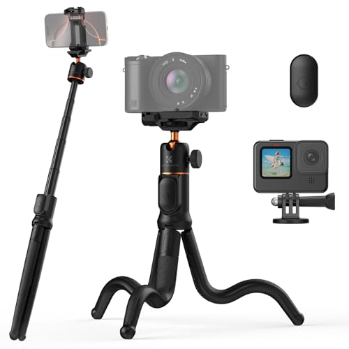 K&F Concept Tripé para telemóvel, MS29 mini flexível tripé vara selfie portátil rotação de 360°, tripé câmara com controlo remoto para telemóvel e câmara de ação, ideal para selfie / gravação de vídeo