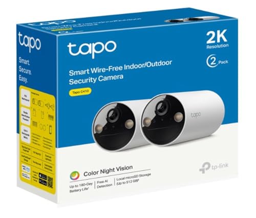 Tapo C410 (pacote de 2), visão noturna colorida 2K 3MP, recarregável, painel solar, IP65, armazenamento local / em nuvem, ângulo de 110°, alarme iluminado e sonora, câmara de segurança