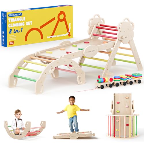 COSYLAND 8 em 1 triângulo de escalada Montessori com arco e rapa, conjunto dobrável infantil, brinquedo de madeira resistente para interiores, crianças 18 meses - 6 anos, cores quentes, grande