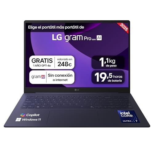 LG gram 16Z90TP-K.AD88B Computador portátil de 16 polegadas, Intel Core Ultra7 255H, 32 GB RAM, 1TB SSD, ecrã OLED anti-reflexo, WQXGA, 1,199 g, 19,5 horas, W11 Home, N Preto, teclado QWERTY espanhol
