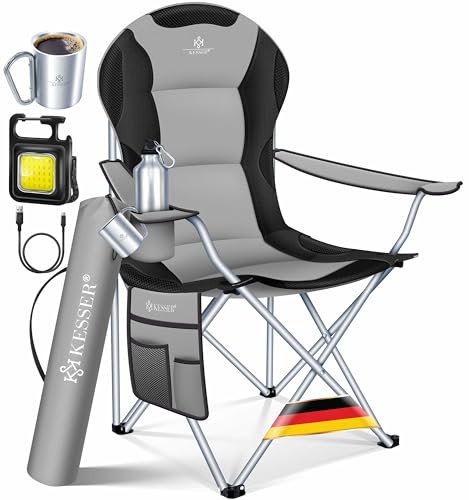 KESSER® Cadeira dobrável campismo acolchoada até 150 kg, com apoio de braços e porta-copos bolsa com encosto alto, cadeira de praia, tamborete, cinzento / preto