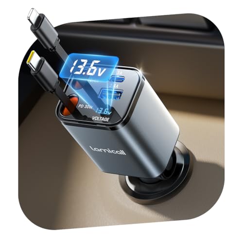 Lamicall 4 em 1 carregador de carro USB C, carregador de carro de 69 W - [compacto e indicador de tensão] adaptador móvel dobrável de 180 ° carro com 2 cabos retrátil e porta USB-C/A, para iPhone