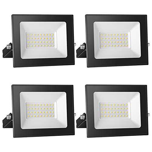 4 Pack Foco LED exterior 30 W, alto brilho 3000 LM projetor LED exterior iluminação 3000 K branco caldo, luz de segurança impermeável IP65, candeeiro LED parede teto para jardim garagem caminho pátio