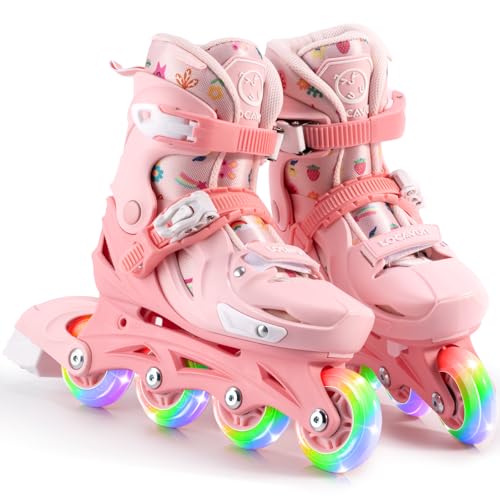 LOCAVUN Patins em linha, 4 tamanhos ajustáveis com rodas que brilham no escuro, patins em linha para crianças para uso interno e externo