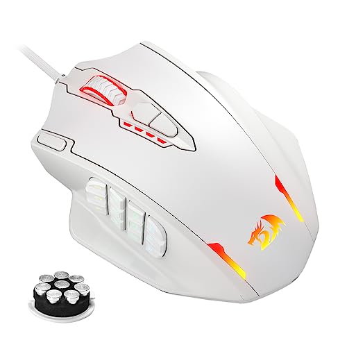 Redragon M908 Impact RGB LED MMO Mouse com botões laterais, rato ótico para jogos com cabo com 12,400 dpi, alta precisão, 20 botões de rato programáveis, cor branca