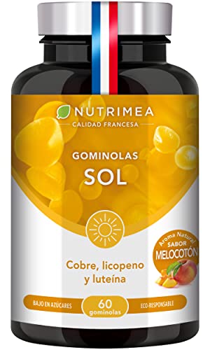 Gominolas para o sol - acelerador bronzeado - com cobre, licopeno e luteína - sabor pêssego - 60 Gummies veganas - fabricadas em França - Nutrimea