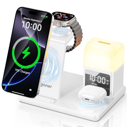 Carregador sem fios para iPhone, carregador sem fios com lâmpada candeeiro de noite e despertador, estação de carregamento Apple 16 15 14 13 12, Apple Watch, AirPods