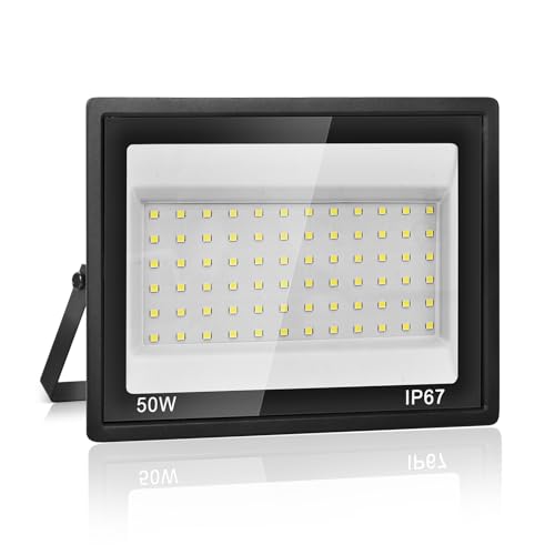 Plazique Foco LED para exterior 50 W IP67, impermeável, iluminação de segurança, 7000 K branco frio, 5000 LM super brilhante, 72 LEDs, holofote de exterior para jardim, pátio, garagem, entrada de