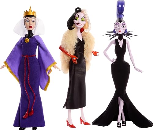 Mattel Disney Princess Pack com os 3 vilões mais famosos dos filmes clássicos, Malefica, Cruela de Vil, Yzma, brinquedo + 4 anos (HRF56)