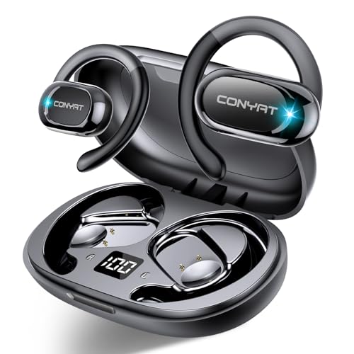 Conyat Auriculares de orelha aberta, 58H auriculares desportivos Bluetooth 5.4, HiFi estéreo capacetes sem fios, ganchos giratórios para orelhas, chamada ENC, IPX7 impermeável para fitness corrida