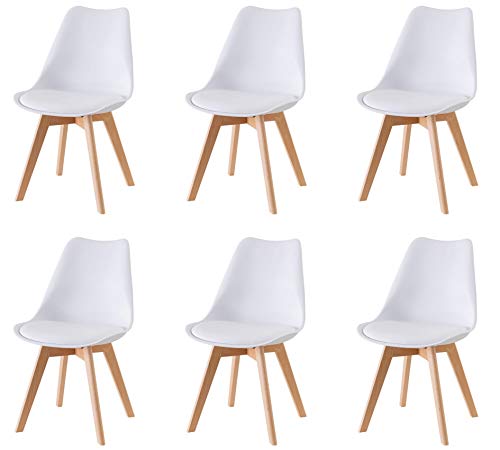 Baroni Home Cadeira de sala de jantar ou de trabalho com pernas de madeira, cadeira ergonómica com almofada integrada, 50 x 48 x 82 cm (branco, 6)