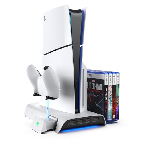 KIWI design D3 Suporte de refrigeração e estação de carregamento para PS5 Slim com controlador RGB, carregador de controladores PS5, acessórios PS5 Slim com ventilador de refrigeração de 2 níveis