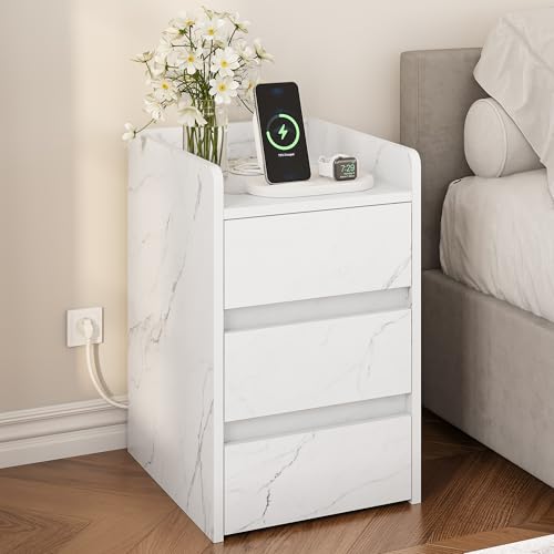 YITAHOME Mesa de cabeceira de 3 gavetas, mesa de cabeceira com estação de carregamento, 2 portas e entradas USB, mesa auxiliar impermeável para sala e quarto, 35 x 40 x 60 cm (mármore branco)