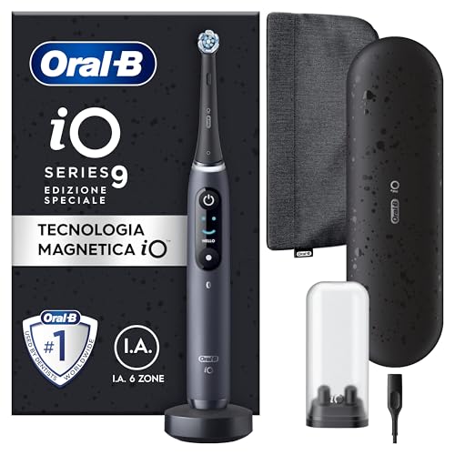 Oral-B iO 9 Escova de dentes elétrica preta edição especial com 1 cabeça, 1 estojo carregador de viagem e 1 capa magnética, 7 modos de escovagem, sensor de pressão, desenhado por Braun