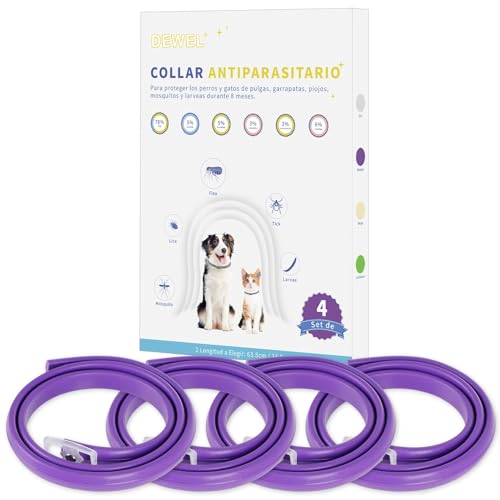 DEWEL Coleiras antiparasitárias, conjunto de 4 colares contra pulgas e carraças para cães e gatos, coleiras antiderrapantes de 24 a 32 meses de proteção (roxo, L 63,5 cm)