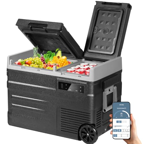 UD45 Geladeira portátil elétrica, 40,6 L frigorífico de carro 12 V/24 V CC ou 100-240 V CA, -20 ºC a 20 ºC mini frigorífico de carro para acampar, viajar, camião, barco, com barra de tração e