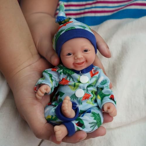 MYREBABY Mini boneca com fivela de 7 polegadas, corpo completo de silicone, pele macia, bebé repleto de silicone, boneca pequena da vida real - menino