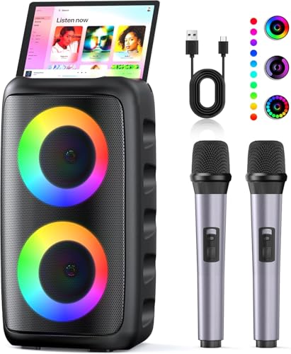 Karaoke 2 Microfones sem fios (2025 última geração) | Altifalante com microfone Bluetooth, suporte TV/Smartphone/iPad/TWS/AUX/USB/FM | para festa, aniversário, viajar