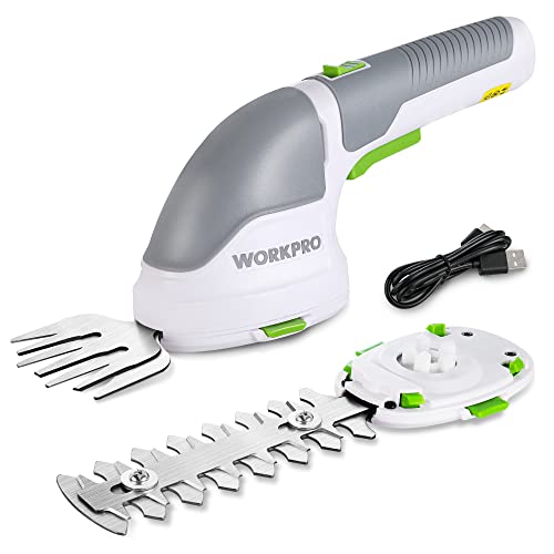 WORKPRO Tesouras corta-relvas e arranjos 2 em 1, 3,6 V corta-sebes a bateria de 2 Ah, tesouras arranjadas com 2 tipos de lâminas, largura de corte de 75 mm, 118 mm, ferramenta para jardim (branco)
