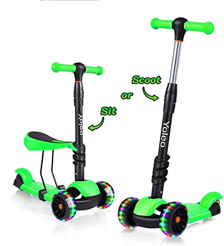 YOLEO Trotineta para crianças 3 em 1, scooter de 3 rodas, LED cintilantes, com guiador ajustável e assento removível, para crianças dos 2 aos 8 anos, carga máxima de 75 kg, presente para crianças