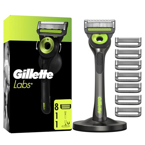 Gillette Labs Máquina de barbear Neon Night Edition com substituições, 1 cabo com barra de esfoliação integrada, 8 lâminas com faixa lubrificante, 1 suporte magnético