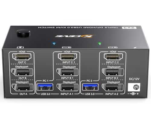 8K KVM Switch 2 PC 3 monitores 8K @ 60Hz 4K@144Hz, MLEEDA HDMI+2 Displayport KVM Switch Triple monitores ara 2 unidades 3 monitores com 4 portas USB 3.0, com controlador de secretária e 5 cabos