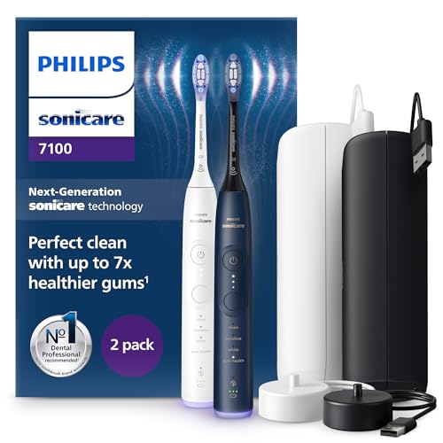 Philips Sonicare 7100 Escova de dentes elétrica, escova de dentes sónica com 4 modos de escovação e 3 níveis de intensidade, alerta de pressão, EasyStart, branco e azul-marinho, embalagem de 2,