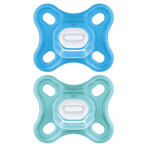 MAM Chupeta de silicone inteiro, 0-3 meses, com étina simétrica, extra pequena e gola fina de silicone Skin Soft Silicone de fácil aceitação, com caixa auto-esterilizadora, MAM Comfort, azul, 2