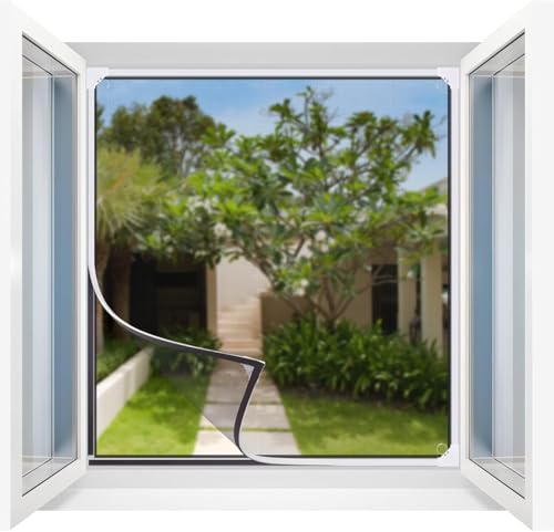 Rede mosquiteira magnética para janelas, 130 × 150 cm, malha de fibra de vidro, moldura de janela com banda magnética completa, proteção contra mosquitos e moscas, aparador mosquiteira com janela