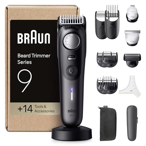 Braun Aparador de barba série 9 BT9565, barbeiro recarregável resistente à água, 14 acessórios para barba, 180 min de automonomia, 52 comprimentos, lâmina ultra afiada, titânio