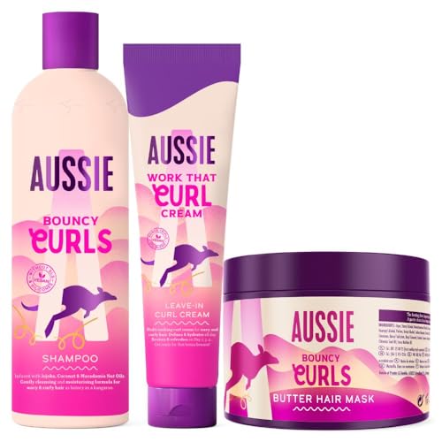 Aussie PACK ESPECIAL: Bouncy Curls: Shampoo hidratante cabelo seco encaracolado e ondulado máscara empilhar com ou sem enxaguar creme definitivo caracóis