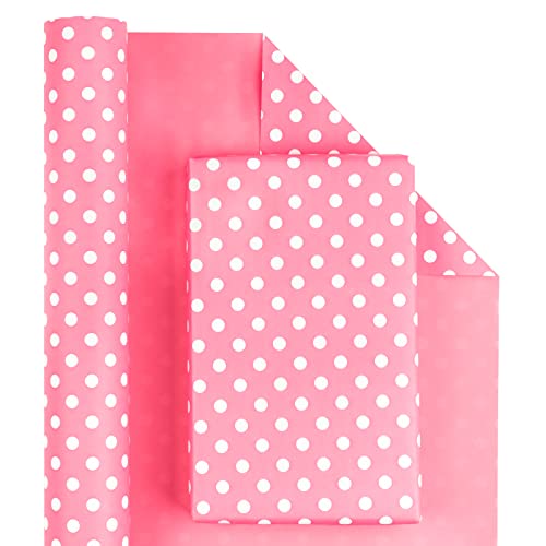 RUSPEPA Rolo de papel de presente reversível - design rosa e bolinhas para aniversários, férias, casamentos, baby shower wrap - 43,2 cm x 10 m