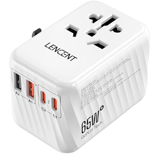 LENCENT Adaptador de tomada universal GAN 65W, adaptador internacional com 2 PD 3.0 tipo C 2 QC USB de carregamento rápido, adaptador de tomada europeu para telemóvel, tablet, portátil, EUA/UK/AU