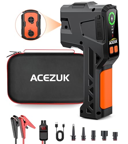 ACEZUK Arrancador de carros, 5000A 12 V iniciador de baterias de carro (8 L de gasolina ou 6,5 L de diesel), bomba de ar com bateria de 15800 mAh, Jump Starter, candeeiro de campismo, clipe