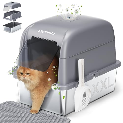 MeoWant Caixa de areia para gatos de aço inoxidável, areia gatos XXL com pá e esteira de camada dupla, sanita removível fechada em forma de U, caixa de carbono ativado oculta na parte superior