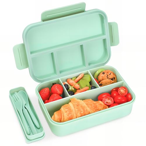 Bugucat Lancheira Lunch Box 1300 ml, Bento Box Lancheira infantil com 4 compartimentos e talheres, lancheiras herméticas para adultos crianças, lancheiras ideais para, piquenique, trabalho, verde