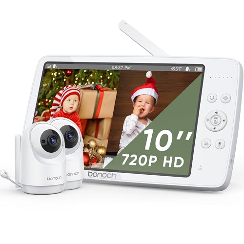 bonoch Vigilador de bebé de 10 polegadas com 2 câmaras, ecrã 720P HD Quad Split de 10000 mAh, bateria de vídeo para bebés com ecrã quad-split, visão noturna, função de áudio em ambos os lados, PTZ