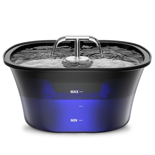 BalimoPet Fonte para gatos, bebedor gatos 2,5 l, fonte gatos ultra silencioso com LED embutido e filtro de carbono ativado, fácil de limpar, design de saída dupla