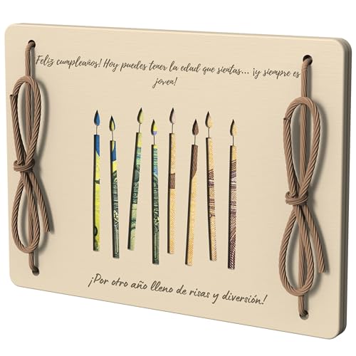 EQUIK PRODUCTS Cartão de felicitações de madeira | Presente com dinheiro, carteira de madeira | presente de aniversário original | presente divertido | presente para viagens e aniversários (vela dos